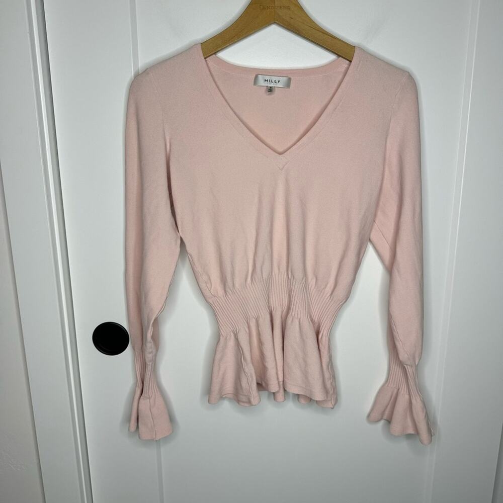 Milly Light Pink V-neck Lightweight Stretch Knit Peplum Sweater Size P